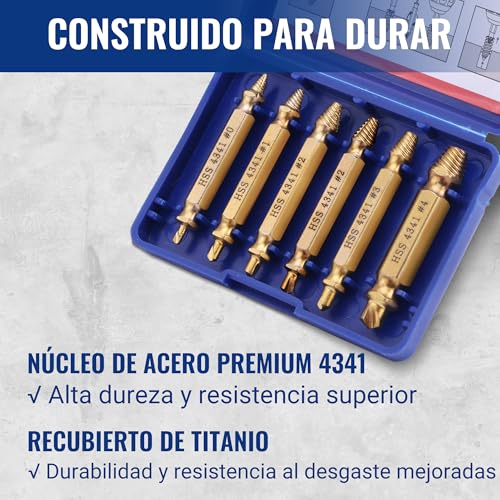 WORKPRO Juego de 6 Extractores de Tornillos Dañados Revestidos de Titanio, Removedores de Pernos Rotos para Tornillos de 2–13 mm con Estuche de Almacenaje