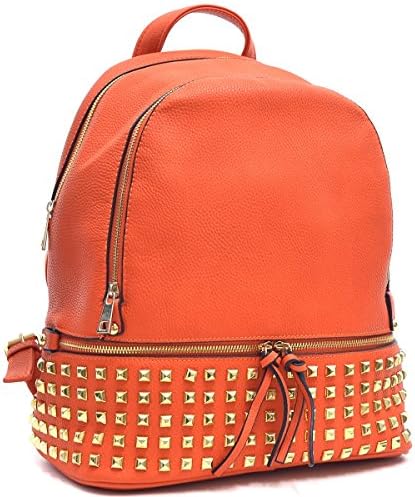 Dasein Buffalo Leather Studded Backpack with Bottom Zipper Compartment (Orange)
