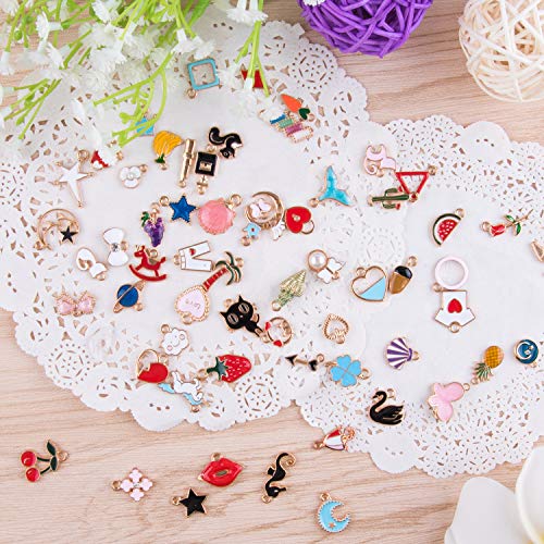 Duufin 90 Pieces Charms Assorted Gold Plated Enamel Charm Animal Moon Star Fruit Mixed Charms for Bracelet Necklace Jewelry Making - Thumbnail 5