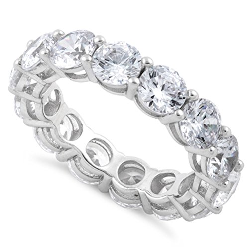 Heart Beats Sterling Silver Simulated Diamond (3.5mm and 5mm) ROUND AND PRINCESS-CUT Eternity Band Rings-(Size 5-12) (7, Cubic-zirconia 5mm round)