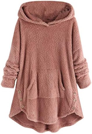 Women Fleece Asymmetrical Button Hoodie Hem Plus Size Pullover Top Sweater Blouse Coat