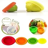 Reusable Silicone Food Savers & FREE Silicone Food Wrap! Fruit and Vegetable Huggers,Storage Containers, Set of 4 and 1 Silicone wrap, BPA-Free. (Assorted Colors)