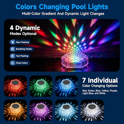 Solar Float Lights for Swimming Pool, 7 Colors RGB + Running Effect, IP68 Waterproof, 4 Brightness Levels, 10m Remote Control, Timer 2/4/6h - for Pool, Pond, Garden, Party Decoration