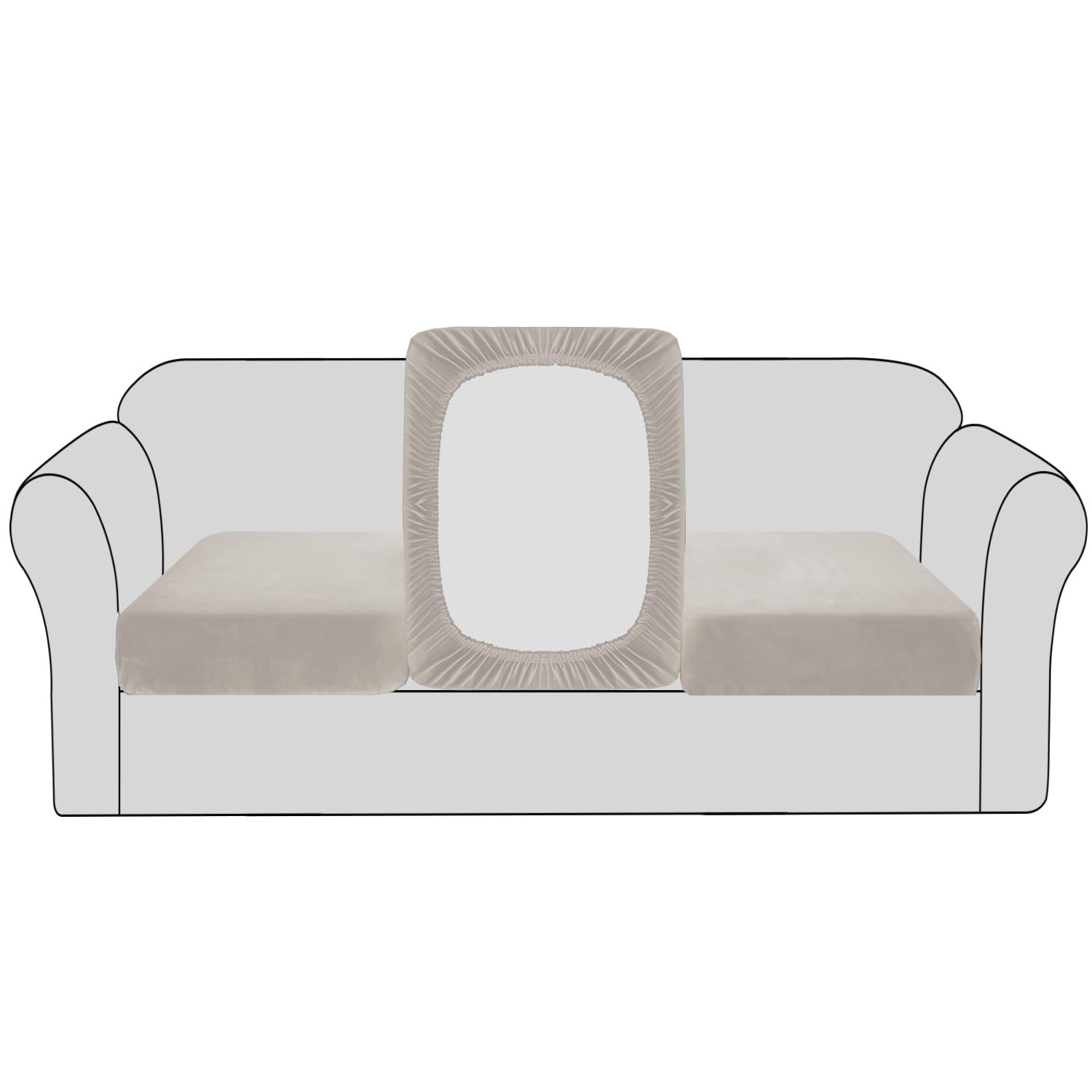 BellaHills Velvet Stretch Sofa Seat Cushion Covers - Modular Cushion Covers Furniture Protector with Elastic Bottom (3 Pieces, Oatmeal)