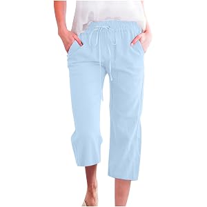 Linen Capri Pants for Women Drawstring Elastic Straight Leg Pant 2026 Casual Summer Beach Loose Trousers with Pockets