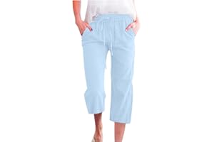 MaMiDay Womens Linen Pants Trendy Summer Capri Pants Beach Vacation Linen Capris Drawsting Elastic Waisted Pants with Pockets