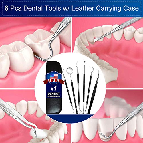 Dental Tools, 6 Pack Teech Cleaning Tools Set Stainless Steel Dental Scraper Tooth Pick Hygiene Set with Mouth Mirror, Tweezer Kit for Dentist, Family Oral Care, Dogs - with Leather Case - Thumbnail 6