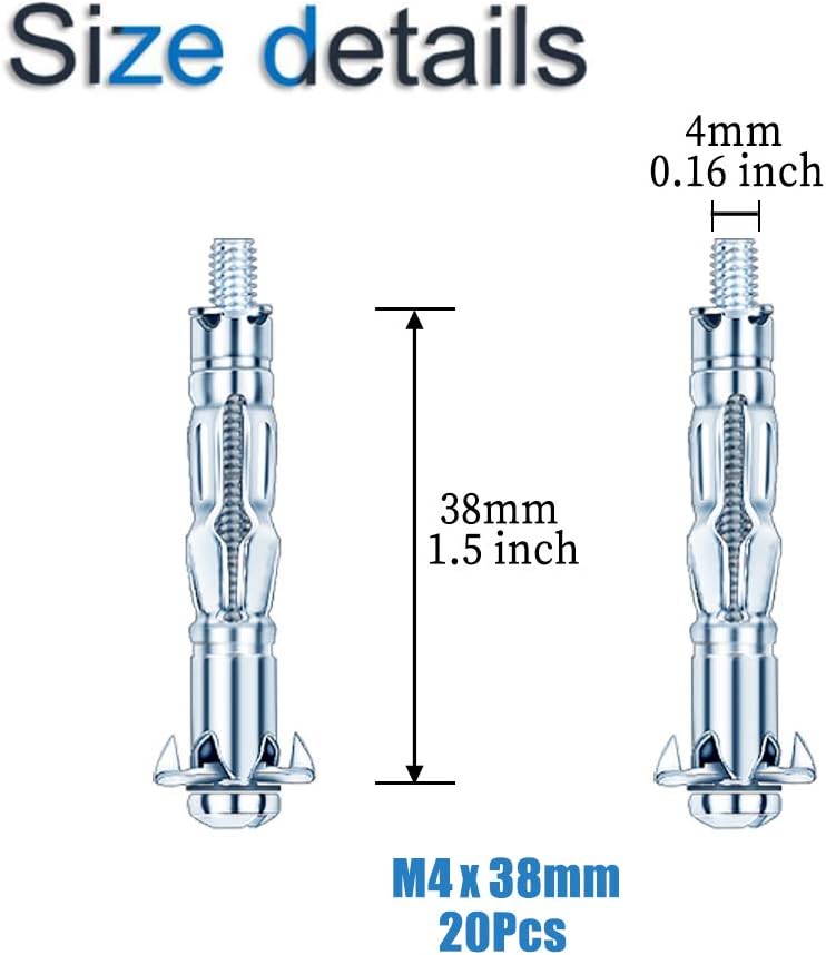 INCREWAY Wall Anchor, 20 Pcs M4×38 Heavy Duty Zinc Plated Steel Molly Bolt Hollow Drive Wall Anchor Screws for Drywall Sheetrock - Image 3