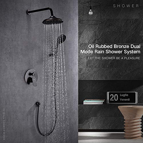 Esnbia Oil Rubbed Bronze Shower System, Wall Mounted Shower Faucet Set for Bathroom with High Pressure 8" Rain Shower head and 3-Setting Handheld Shower Head Set (Rough in Valve Included)