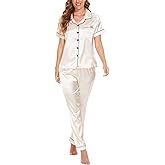 YIJIU Womens Silk Satin Pajamas Set Short Sleeve Sleepwear Soft Button Down Loungewear Two-piece Pjs Sets XS-XXL
