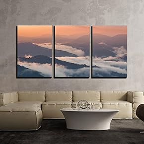 3 Piece Canvas Wall Art - Mountain Valley During Sunrise. Natural Summer Landscape - Modern Home Art Stretched and Framed Ready to Hang - 16"x24"x3 Panels