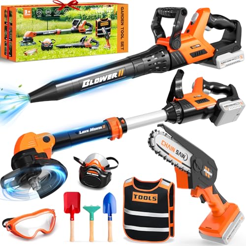 Outils de Jardin pour Enfants 3 in -Débroussailleuse & Souffleur Enfant & Tronconneuse Enfant Effets Sonores Réalistes, Exterieur Jouet Enfant 3-5 Ans,Cadeau Garcon 3-5 Ans