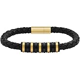 Geoffrey Beene Men's Genuine Braided Leather Bracelet with Stainless Steel Rubber Ornaments