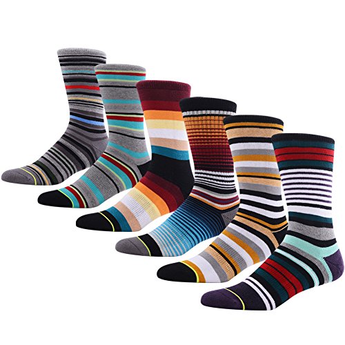 Men's Novelty Casual Crew Socks, MEIKAN Stylish Colorful Multi Stripe Patterned Cotton Mid Calf Socks for Wedding Christmas Party 6 Pairs