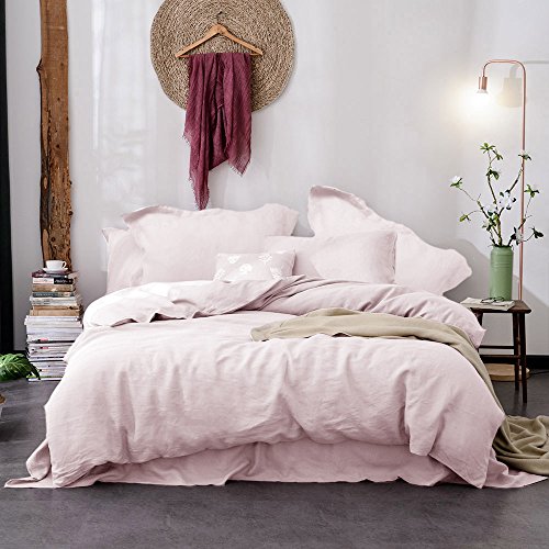 Lausonhouse French Linen Duvet Cover Set,100% Linen Comforter case with 2 Pillowshams, Luxurious Linen Bedding Set, 3 Pieces - King - Light Pink