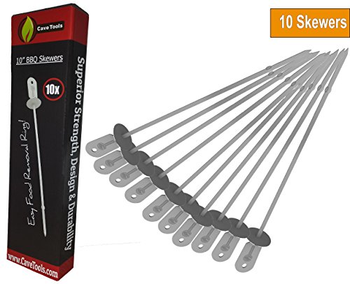 Cave Tools Barbecue Skewers Set - Stainless Steel Wide BBQ Kabob Sticks - 12 Inch Flat Metal Shish Kabab With Food Remover Disc For Grilling