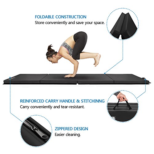 Matladin 8' Folding Gymnastics Gym Exercise Aerobics Mat, 8ft x 2ft x 2in PU Leather Tumbling Mats for Stretching Yoga Cheerleading Martial Arts (Black) - Thumbnail 4