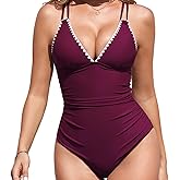 RIHOAS One Piece Swimsuit Women Scalloped Edge Deep V Neck Tie Front Bathing Suit Tummy Control High Leg Swimsuit