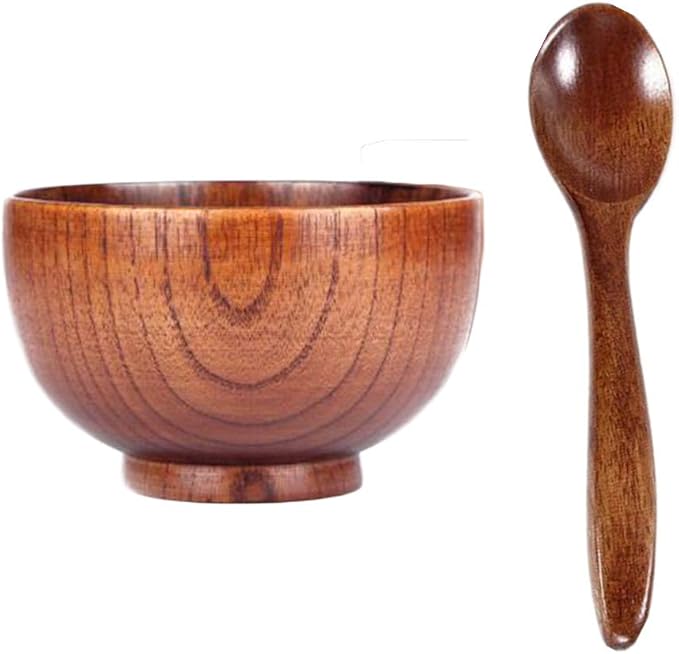 VEIREN Wooden Bowls Spoons Set, Wood Soup Spoons Rice Bowl Japanese