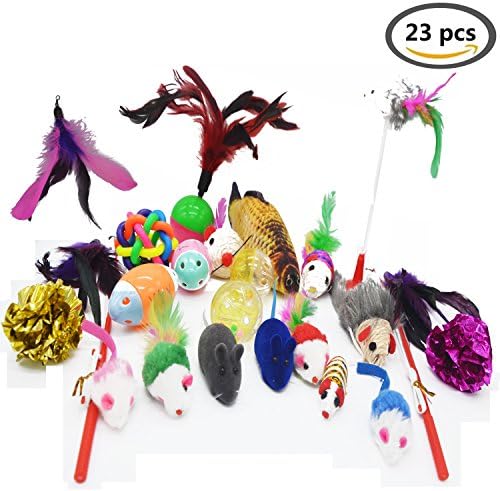 Cat Toys 23 Pack Feather Wand Play Mice Balls Interactive Teaser Wands Sisal Scratching Fish Mylar Crinkle Balls Cat Fishing Pole Simulation Plush Fish Shape Toy Refills Feathers Cat Jingle Bell