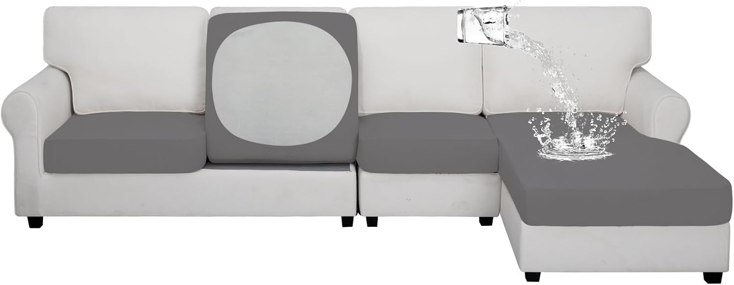 Slipcovers - Easy-Going 100% Waterproof 4 Pieces Couch Cushion Covers for Sectional Sofa Left/Right L Shape Chaise Lounge Sofa Seat slipcover Anti-Slip Sofa Cover (3 Seater + 1 Chaise, Light Gray