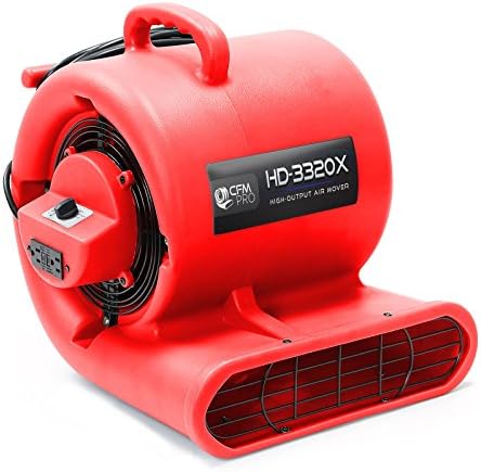 CFM Pro Air Mover Carpet Floor Dryer 3 Speed 1/3 HP Blower Fan with 2 GFCI Outlets - Stackable - Red - Industrial Water Flood Damage Restoration