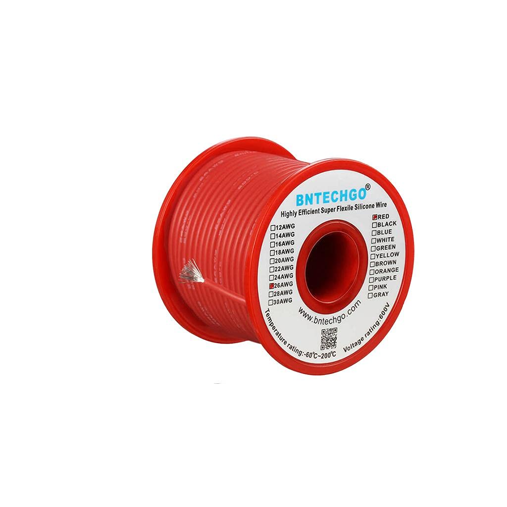 BNTECHGO 26 Gauge Silicone Wire Spool Red 50 ft Ultra Flexible High Temp 200 deg C 600V 26 AWG Silicone Rubber Wire 30 Strands of Tinned Copper Wire Stranded Wire for Model Low Impedance