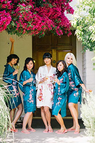 Old Shanghai Women's Silk Kimono Short Robe - Handpainted, Cherry Blossom Teal, One Size.