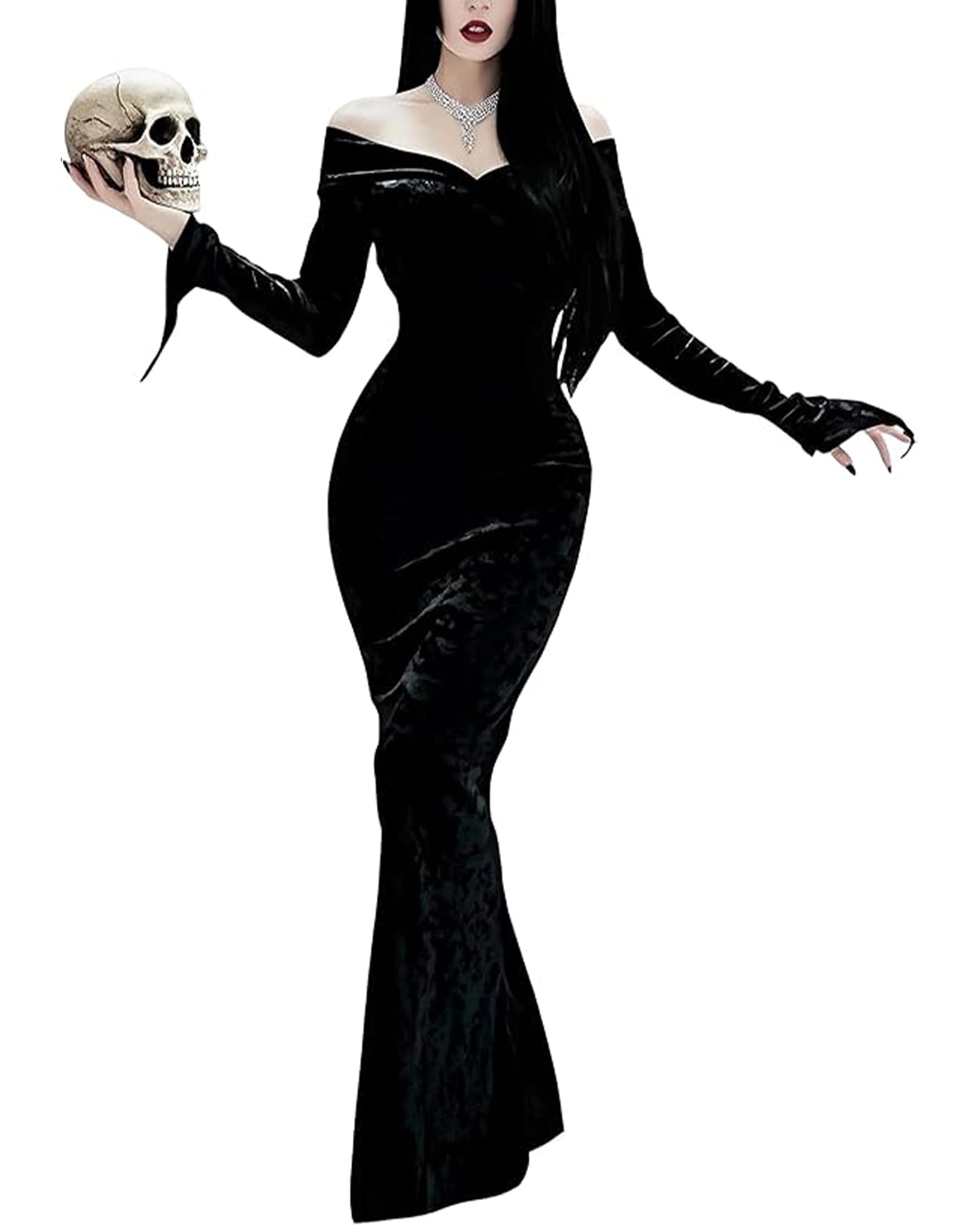 LVCBL Fashion Halloween Carnival Dress Wednesday Addams Costume Women Stretchy Long Cocktail Mermaid Prom L Black