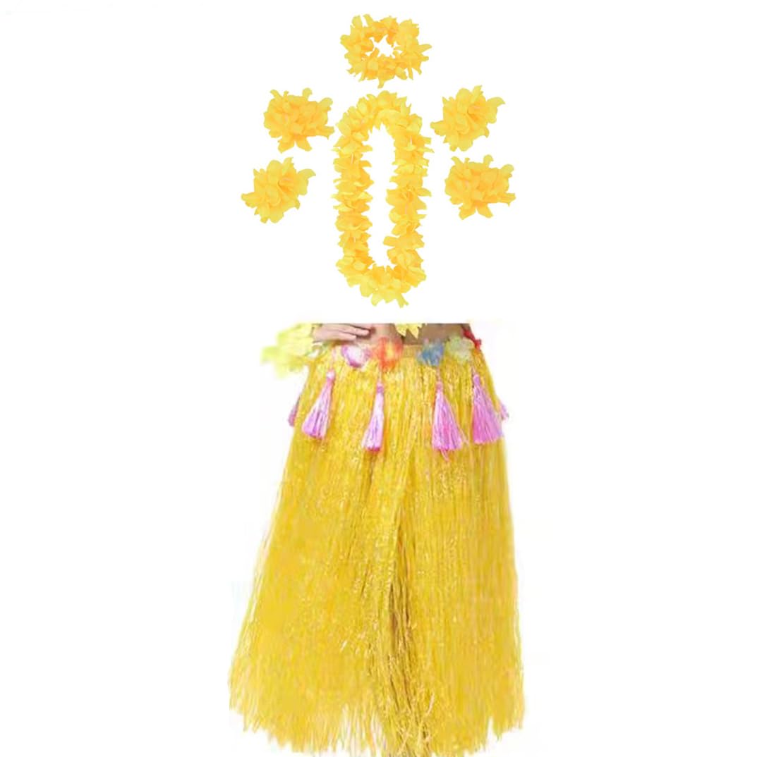 YKKJ 7 Pieces Hawaiian Hula Costume Set for Cheerleading Theme Parties, Wedding Parties, Birthday Parties, Halloween and Carnival, yellow, Regolabile (Knee-length)