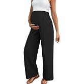 BLENCOT Women's Maternity Pants Work Adjustable Waisted Wide Leg Waffle Knit Trousers Pregnancy Clothes with Pockets