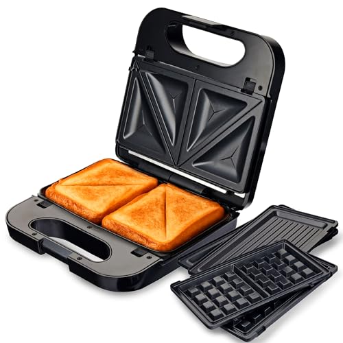 Grunkel Sandwichtoaster mit austauschbaren Platten (2 Sandwiches mit Schneide, Grill und 2 Waffeln), rutschfeste und antihaftbeschichtete Oberfläche mit 850 W Leistung und kühler Haptik, Farbe