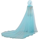 Women Wedding Tulle Cape Hooded Elf Cloak Bridal Dress Robe with Long Train