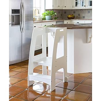 Guidecraft Kitchen Helper Tower Step-Up - White: Kids' Wooden, Adjustable Height, Step Stool with Safety Rails for Little Children - Toddler Learning Furniture