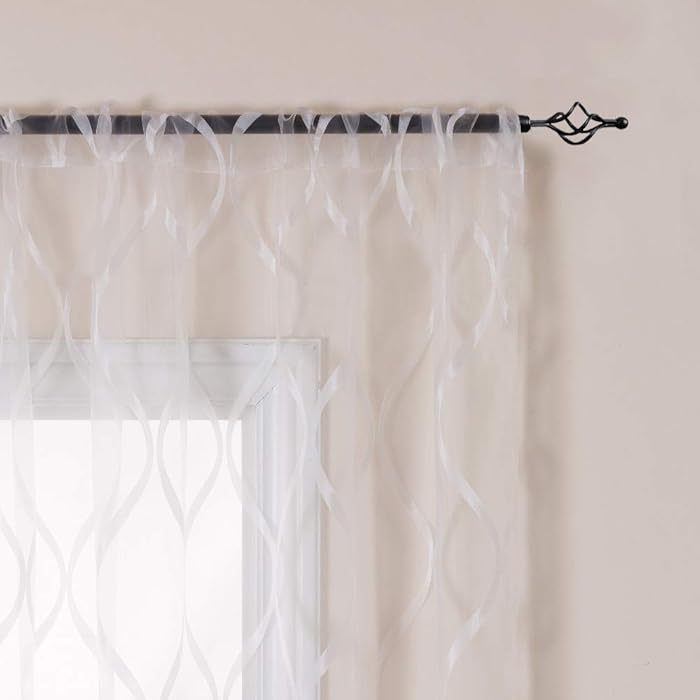 jinchan Wave Sheer Curtains for Living Room Bedroom Medallion Design Geo Window Treatment Vintage Darpes 63 Inch 2 Panels White