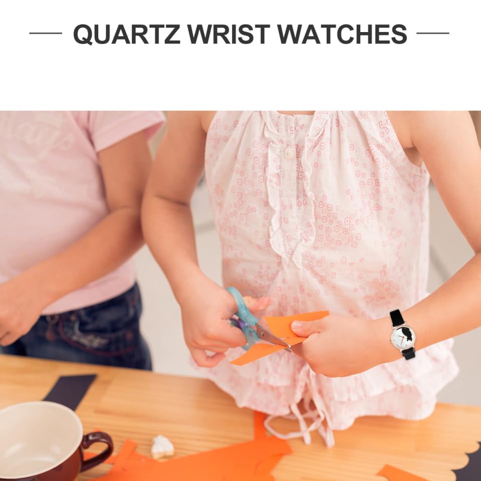 TEHAUX TEHAUX Girls Watch with Leather Strap, Cute Cartoon Cat Pattern Wrist Watch, Easy to Read, Ideal for Girls, Ladies (Black)