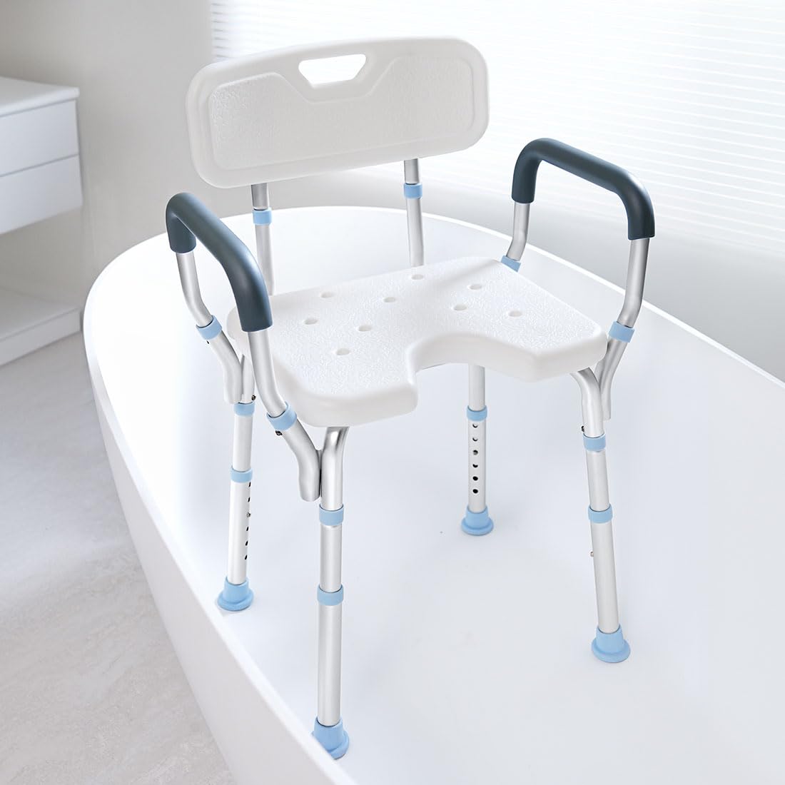 OasisSpace Heavy Duty Shower Chair with Back and Arms 300lb, Bathtub Chair with Handles - Medical Tool Free Shower Cutout Seat for Handicap, Disabled, Seniors & Elderly