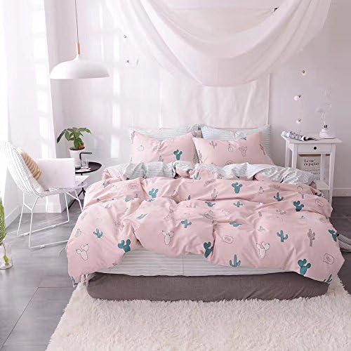 Kids Girls Duvet Cover Set Cotton Twin Size Cactus Printed Pink Duvet Cover Set Striped Back Reversible Bedding Set with 2 Shams, Hotel Luxury Duvet Bedding Cover Set, Ultra Soft, Skin-friendly