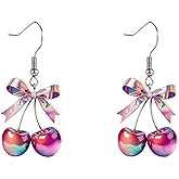 Christmas Earrings for Women - Rainbow Cherry with Bow Dangle Earrings, Cute Acrylic Fruit Statement Jewelry, Trendy Holiday Gifts