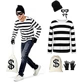 Adult Robber Costume Set Cosplay Thief Accessories for Halloween Party Black and White Striped Knit Beanie Cap