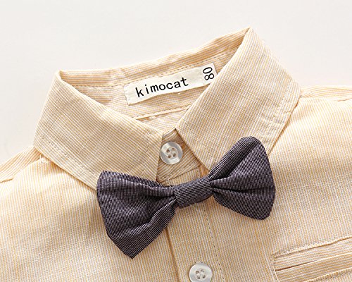 Baby Boy Shirt and Tie Sets Long Sleeve Woven Top+ Bowknot+ Shorts With Suspender Straps Outfits (12-18month, Yellow)