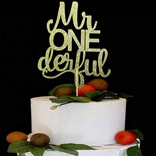 Mr ONEderful Cake Topper - 1st Birthday Cake Decorations - Boy Baby Shower Party Decor (Gold Glitter)