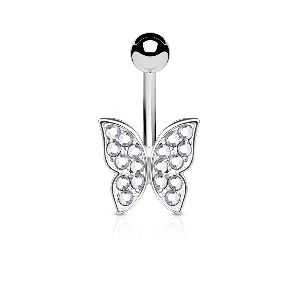 PiercedOff 316L Surgical Steel Belly Bar with 12mm Clear CZ Butterfly - Bar Length 10mm