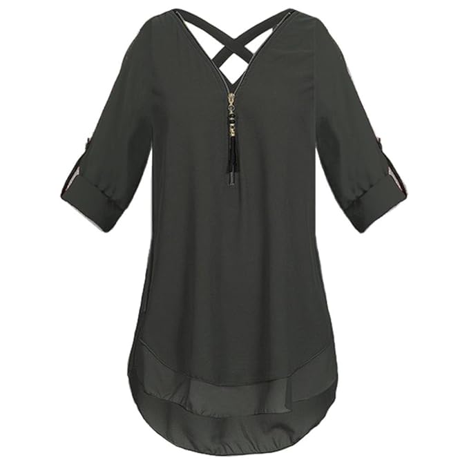 Damen Bluse Xiantime Damen V-Ausschnitt Reißverschluss Reine Farbe Chiffon T-Shirts beiläufige lose Tops Tunika Bluse S-3XL