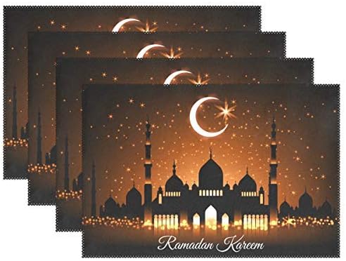 Ramadan Print Placemat Table Mat, Heat-Ristant Polyter Table Place Mat for Kitchen Dining Room Set of 4