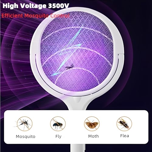 Beauenty Electric Fly Swatter,3500V Rotating Head Rechargeable Fly Swatter with Telescopic Extension,1200mAh Fly Trap Mosquito Zapper with Base and Wall Mount for Mosquitos,Gnats,Moths,Fruit Flies