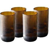 IWAS Upcycled Tall Amber Drinking Glasses, Tall, 13.53 OZ / 400 ML, Set of 4 Rustic Grooved Cups, Handcrafted Sustainable Glassware