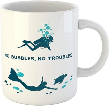 Emvency Coffee Tea Mug Gift 11 Ounces Funny Ceramic Underwater Difference Between Scuba and Free Diver No Bubbles Troubles Gifts For Family Friends Coworkers Boss Mug