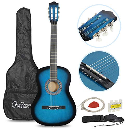 Smartxchoices Acoustic Guitar for Starter Beginner Music Lovers Kids Gift 38" 6-String Folk Beginners Acoustic Guitar With Gig bag, Strap, Pitch Pipe, Pick (Blue)