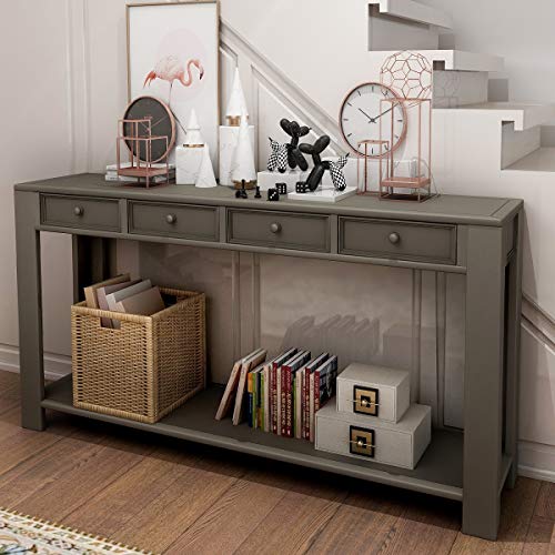 Rhomtree 64" Rustic Console Table for Entryway Wood Sofa Side Table with Drawer and Shelf Storage for Hallway Accent Occasional Table Home Living Room Furniture (Grey)
